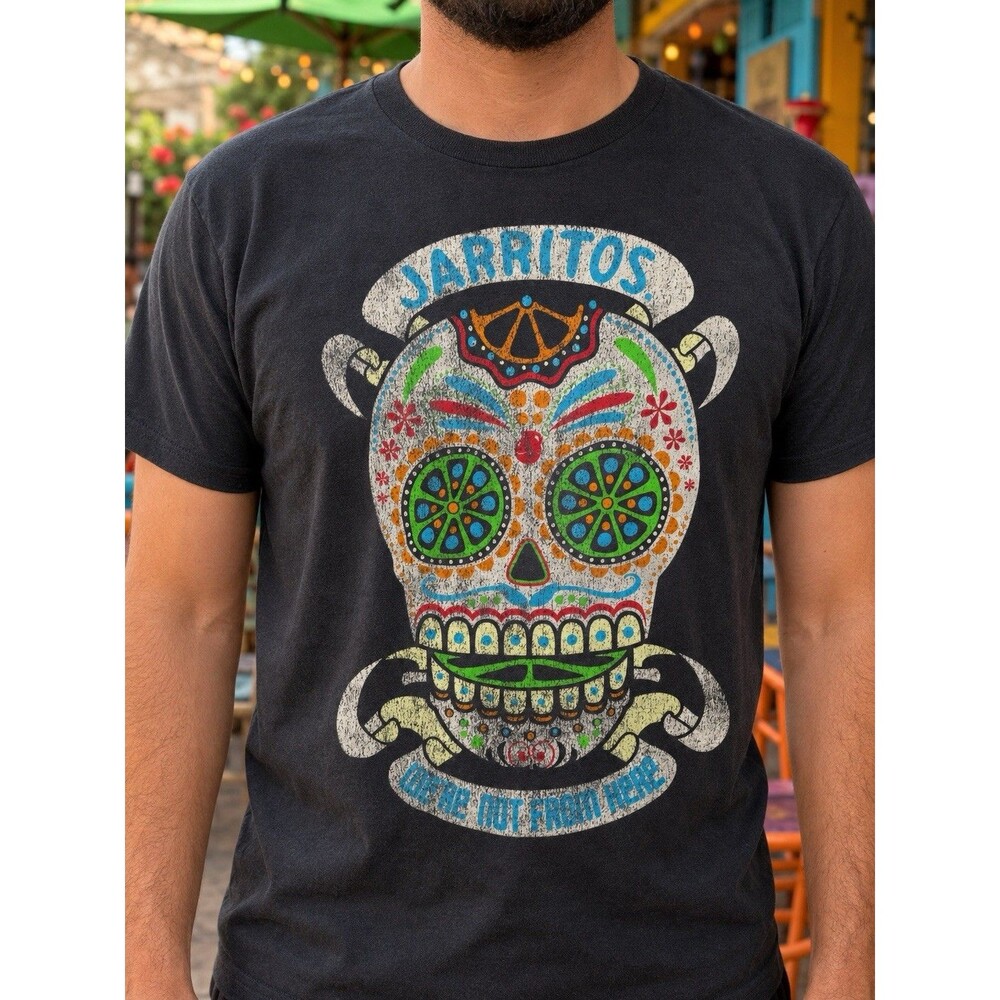 Jarritos Mexican Soda Ripple Junction Large Black Sugar Skull Graphic T-Shirt